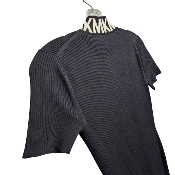 Nwot Michael Kors Black Ribbed Knit MK Logo Neckline Shortsleeve Zipfront Dress - Picture 15 of 17